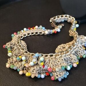 Statement Necklace - Colorful Glass Crystal Beaded Mesh Bib